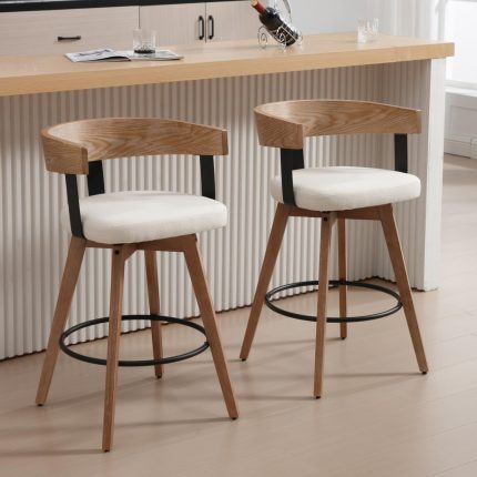Mid-Century Bar Stools Set of 2, 26 Inch Swivel Counter Height Stools Linen Fabric Barstools with Barrel Backrest Wooden Legs for Kitchen Island Dining Room, White