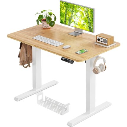 Whole Piece Standing Desk with Bamboo Desktop, Adjustable Stand Up Desk for Home Office, Electric Computer Desk Workstation with Cable Management Tray, 48x24 inch, Bamboo, EGESD64RB