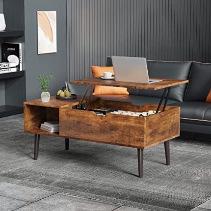 Coffee Table, Lift Top Coffee Tables for Living Room, Small Rising Wooden Dining Center Tables with Storage Shelf and Hidden Compartment, Brown
