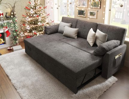 Sleeper Sofa, Sofa Bed- 2 in 1 Pull Out Couch Bed with Storage Chaise, Sleeper Couch for Living Room, Grey Linen