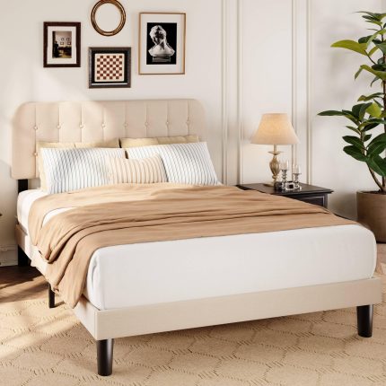 Queen Bed Frame with Headboard, Upholstered Platform Bed with Sturdy Wooden Slats, Noise-Free, No Box Spring Needed, Easy Assembly, Modern Bedroom Furniture
