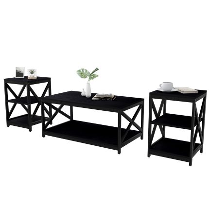 Living Room Coffee Table Set of 3, Industrial X-Design Coffee Table and 2 End Side Tables, 3 Piece Living Room Table Set with Large Storage for Apartment Home (Black)