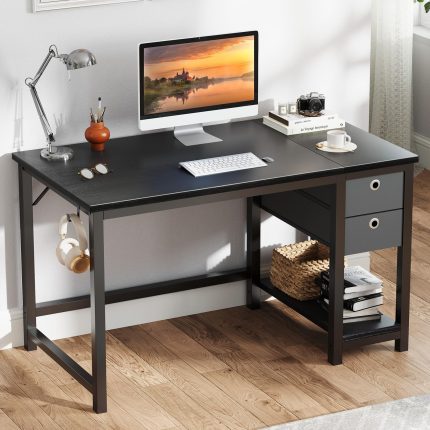 Computer Desk with Storage Drawers, Small Office Desk Modern Simple Study Writing Table for Home Bedroom, Spacious 40X24 Desktop with 2-Tier Drawer, Black