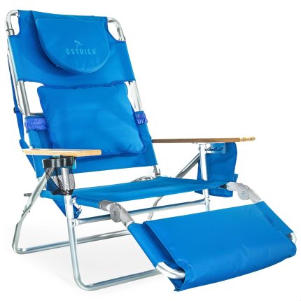 Deluxe 3N1 Padded Beach Chair w/ Face Cushion & Arm Holes, Blue - Lightweight Folding Recliner w/ Adjustable Backrest & Footrest, Cup Holder, Side Utility Bag, 275 lb Weight Capacity