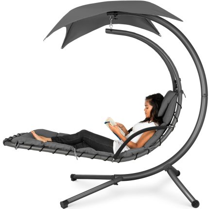 Outdoor Hanging Curved Steel Chaise Lounge Chair Swing w/Built-in Pillow and Removable Canopy - Charcoal Gray