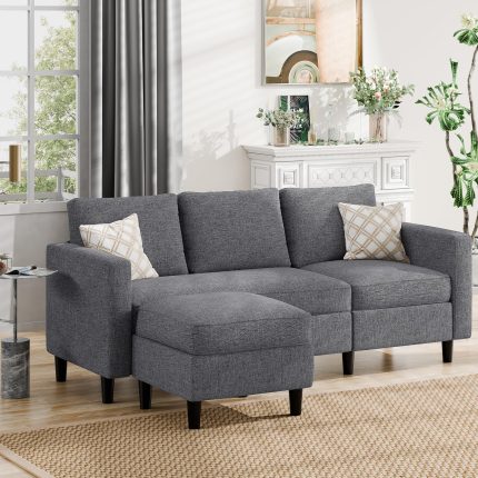 Sectional Sofa Couch Convertible L Shaped Sofas with Ottoman Small Sectional Couches for Living Room, 3 Seater Couch for Small Spaces, Dark Grey