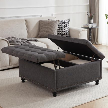 Large Square Storage Ottoman Bench, Tufted Upholstered Coffee Table Ottoman with Lift Top & Wooden Legs, Oversized Storage Ottomans Toy Box for Living Room (Dark Grey)