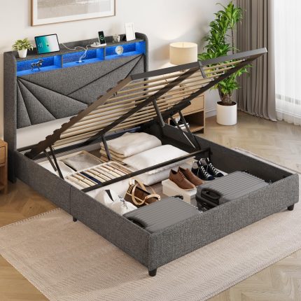 Full Size Bed Frame with Storage, Lift Up Upholstered Full Bed Frame with LED Lights Headboard and Charging Station, No Box Spring Needed, Easy Assembly - Dark Grey