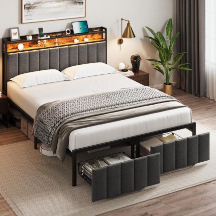 Full Bed Frame with Storage, Upholstered Bed Frame with LED Lights Headboard and 2 Drawers, Full Size Bed with Charging Station, Noise-Free, No Box Spring Needed, Easy Assembly, Grey