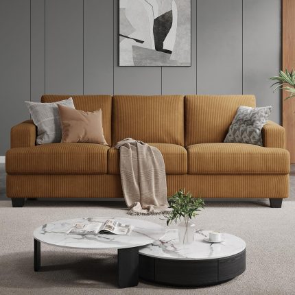 89 Inch Sofa with Extra Deep Seats Oversize, Corduroy Fabric 3 Seater Sofa for Living Room, Modern Couch and Sofa, Comfy Armrests and Seats and Backrests, Easy Installation, Ginger Yellow