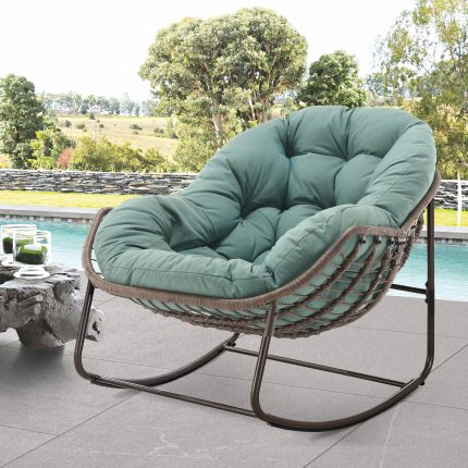 Outdoor Papasan Rocking Chair - Oversized Comfy Patio Chair Indoor Egg Royal Rattan Rocking Chair with Cushion for Front Porch Lounge Lawn Bedroom Living Room (Grass Green)
