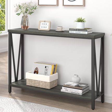 Entryway Table, Rustic Wood Sofa Console Table with Storage, Modern Hallway Table for Living Room, Grey