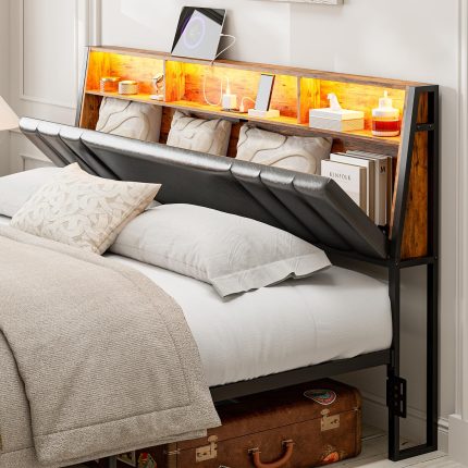 King Size Hidden Storage Headboard Only, Ergonomic Upholstered King Headboard with Outlets, USB Ports & LED Light, Bed Frame Adapter, Easy Assembly, Black