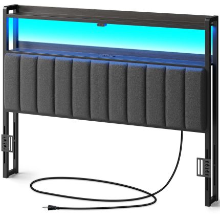 Headboard for Queen Size Bed with Storage, 60,000 DIY Color of LED Light, Head Board with USB & Type C Port, Height Adjustable, Black Upholstered Cabeceras de Cama Comfortable Modern, Linen