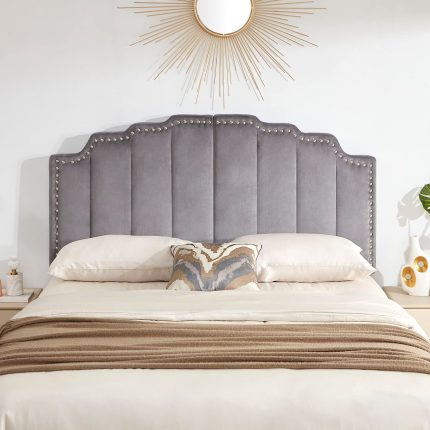 Mid Century Headboard for Queen Size Bed, Velvet Upholstered Tufted Bed Headboard with Nailhead Decor, Adjustable Curved Solid Wood Head Board Vertical Channel Design (Medium Grey)