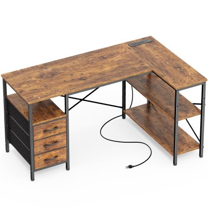 L Shaped Office Desk with Power Outlets, 47 Inch Computer Desk with 3 Drawers, Shelves, for Gaming, Corner Work, Home Office, Study, Rustic Brown