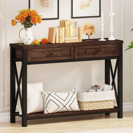 Console Table with 2 Drawers, Entryway Tables with Storage, Sofa Table Behind Couch for Living Room, Farmhouse Entry Tables for Hallway, Foyer, Front Door (Rustic Oak, 47 Inch)